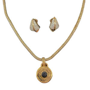 Roman‎ Rhinestone Jewel Gold Tone Earring + Pendant Necklace Set